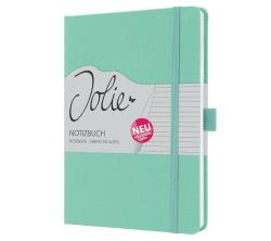 Mintgrünes Notizbuch mit elastischem Verschluss. Auf dem Cover steht 'Jolie Notizbuch' und 'NEU'.