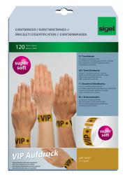 Gelbes VIP-Armband mit schwarzen Sternen und dem Schriftzug VIP. Es hat eine weiße Markierung.
