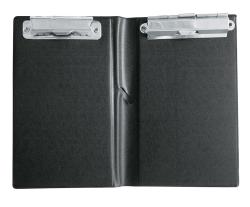 schwarzes Clipboard, offen. Zwei Metallclips oben. Glatte Oberfläche, keine weiteren Details.