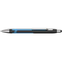schwarzer Kugelschreiber mit blauen Akzenten. Metallische Spitze und Clip. Schlichtes Design.