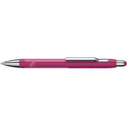 pinkfarbener Kugelschreiber mit silberner Spitze und Clip. Glatte Oberfläche, runde Form.