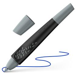 Schwarzer Stift mit grauem Deckel. Eine blaue Linie wird gezeichnet.