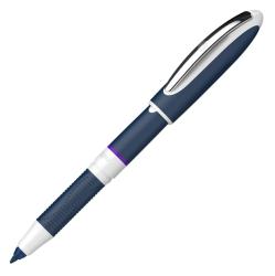blauer Stift mit einer weißen Kappe und einem gummierten Griff. Die Spitze ist rund und hat eine feine Schreibfläche.