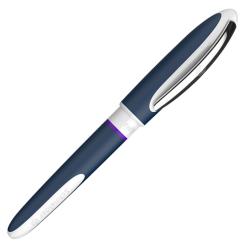 blauer Stift mit einer weißen Kappe und einem gummierten Griff. Die Spitze ist rund und hat eine feine Schreibfläche.