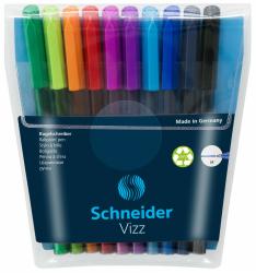 Set von bunten Kugelschreibern in verschiedenen Farben. Verpackung zeigt die Marke Schneider und den Namen Vizz.