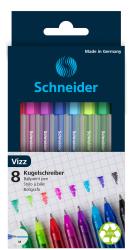 Packung mit 8 Kugelschreibern in verschiedenen Farben: rot, pink, blau, grün, lila. Transparentes Design. Auf kariertem Papier getestet.