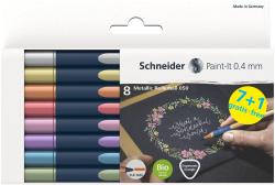 Set von acht metallic Rollerball-Stiften in verschiedenen Farben. Verpackung zeigt eine handschriftliche Gestaltung auf schwarzem Hintergrund.