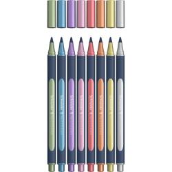 Set von acht metallic Rollerball-Stiften in verschiedenen Farben. Verpackung zeigt eine handschriftliche Gestaltung auf schwarzem Hintergrund.