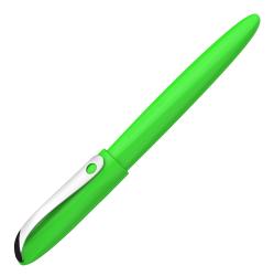 Grüner Füller mit silberner Kappe und einer feinen Spitze. Der Griff ist dunkelblau.
