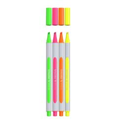 Vier Textmarker in leuchtenden Farben grün, pink, orange und gelb. Dazu gehören passende Kappen in denselben Farben.