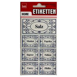 Packung mit Etiketten für Gewürze. Enthält Beschriftungen wie Salz, Muskat, Paprika, Ingwer, Nelken, Curry, Pfeffer. Design mit blauen Rändern und Blumenmuster.