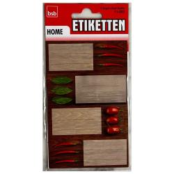 Etikettenbogen mit drei Bögen. Enthält beschriftbare Etiketten mit Chili und Basilikum Motiven.