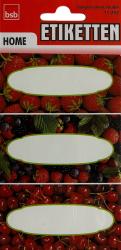 Etikettenbögen mit drei verschiedenen Designs. Oben Erdbeeren, Mitte gemischte Beeren, unten Kirschen. Weiße Beschriftungsfelder.