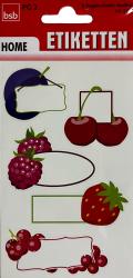 Aufkleber mit Obstmotiven wie Kirschen, Erdbeeren und Himbeeren. Enthält leere Beschriftungsfelder.