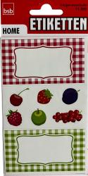 Drei Bogen mit Etiketten. Oben rot-weiß kariert, leerer Bereich zum Beschriften. Unten bunte Obstillustrationen: Kirsche, Erdbeere, Pflaume, grüne Apfel, Himbeere, rote Trauben.