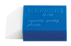 blauer Radiergummi mit weißer Spitze. Auf der Oberseite steht 'edding R 20' und 'superior quality plastic'.