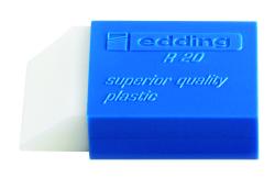 blauer Radiergummi mit weißem Ende. Auf der Oberfläche steht 'edding R 20' und 'superior quality plastic'.