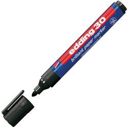Schwarzer Edding Marker mit einer spitzen Spitze. Verpackung in Blau und Rot.