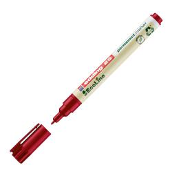 Roter Permanentmarker mit abnehmbarer Kappe. Verpackung in hellem Design mit Recycling-Symbol.