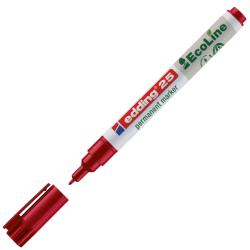 Roter Permanentmarker mit abnehmbarer Kappe. Verpackung in hellem Design mit Recycling-Symbol.
