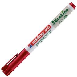 Roter Permanentmarker mit abnehmbarer Kappe. Verpackung in hellem Design mit Recycling-Symbol.