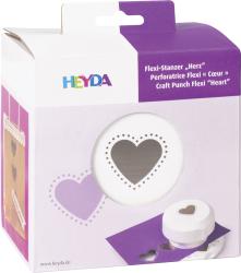 Verpackung für einen Herz-Stanzer. Weißer Stanzer mit Herzmotiv. Verpackung in lila und weiß. Sichtfenster zeigt das Herz.