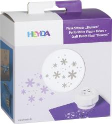 Verpackung eines Bastelwerkzeugs zum Stanzen von Blumenmotiven. Enthält eine Abbildung des Stanzelements und Beispiele für die Anwendung.