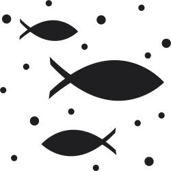 Verpackung für einen Bastelstanzer mit Fischmotiv. Enthält eine Abbildung von Fischen und Punkten.