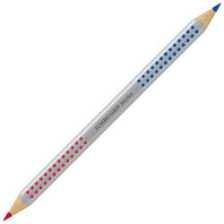 Bicolor Buntstift mit roter und blauer Mine. Griffige Oberfläche mit Punkten.