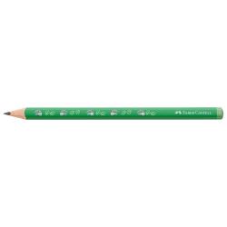 Grüner Bleistift mit schwarzer Mine. Auf der Oberfläche sind kleine, bunte Motive abgebildet.