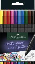 Packung mit 10 Faber-Castell Fineliner in verschiedenen Farben. Auf der Verpackung steht 'write your own future'.