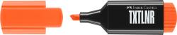 Oranger Textmarker von Faber-Castell. Kappe abgenommen, Spitze sichtbar.