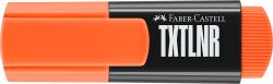 Oranger Textmarker von Faber-Castell. Kappe abgenommen, Spitze sichtbar.