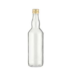 klare Glasflasche mit goldenem Schraubverschluss. Schlank und hoch, ohne Beschriftung.