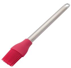 roter Silikonpinsel mit einem langen, metallischen Griff. Pinselkopf mit feinen Borsten.