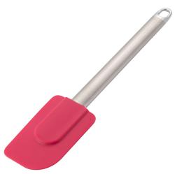 Rote Silikonspachtel mit einem langen Metallgriff. Die Kante ist flach und leicht abgerundet.