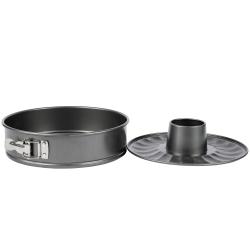 Zwei Backformen aus Metall. Eine runde Form mit herausnehmbarem Boden und eine Gugelhupfform.