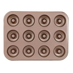 Backform für Donuts mit zwölf Vertiefungen. Metallisch braune Farbe.