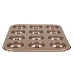Backform für Donuts mit zwölf Vertiefungen. Metallisch braune Farbe.