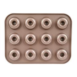 Backform für Donuts mit zwölf Vertiefungen. Metallisch braune Farbe.