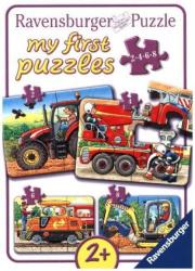 Puzzle mit verschiedenen Fahrzeugen. Enthält Traktor, Lkw und Feuerwehr.