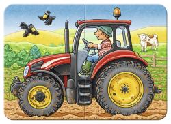 Puzzle mit verschiedenen Fahrzeugen. Enthält Traktor, Lkw und Feuerwehr.