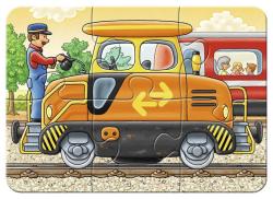 Puzzle mit verschiedenen Fahrzeugen. Enthält Traktor, Lkw und Feuerwehr.