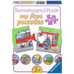 Puzzlebox mit dem Titel 'my first puzzles'. Zwei Puzzlestücke zeigen ein Feuerwehrauto und einen Feuerwehrmann.