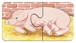 Illustration eines großen Schweins mit zwei kleinen Ferkeln. Hintergrund mit Ziegelmauer und Stroh.