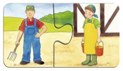 Zwei Personen auf einem Bauernhof. Ein Mann mit Forke und eine Frau mit Eimern.