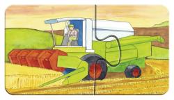 Illustration eines Mähdreschers auf einem Feld. Fahrer sitzt im Mähdrescher.