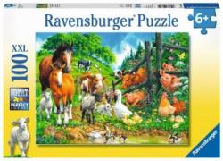 Puzzle mit 100 Teilen. Darstellung von Tieren auf einer Wiese, darunter Pferde, Kühe und Hühner.
