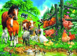 Puzzle mit verschiedenen Tieren auf einer Wiese. Zu sehen sind Pferde, Kühe, Schweine und Hühner.