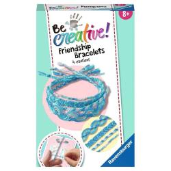 Bastelset für Freundschaftsarmbänder. Enthält vier Armbänder in Blau- und Türkistönen. Abbildung von Händen, die mit Fäden arbeiten.